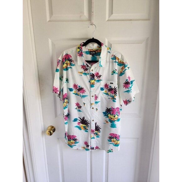 Billabong Men's XLarge Aloha Hawaiian Shirt Button Down White Short Sleeve EUC - Picture 1 of 6